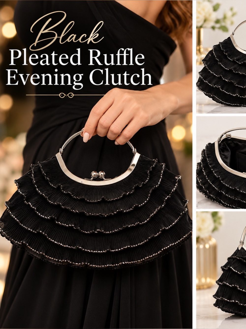 Black Pleated Ruffle Evening Clutch Purse Silver Kiss Lock Frame Formal Handbag